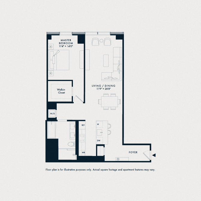 Floor plan for 1 bed, 1 bath, 1042 sqft